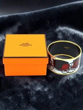 Hermès Vintage Wheels of Calèche" Wide Enamel Bangle Bracelet (Box & Pouch) EC